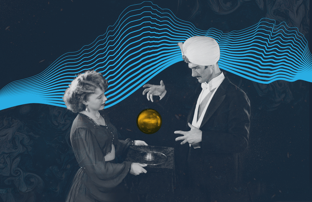 Vintage magician man makes a metal ball float, a woman is beside him holding a tray, representing demystifying demand and lead generation.