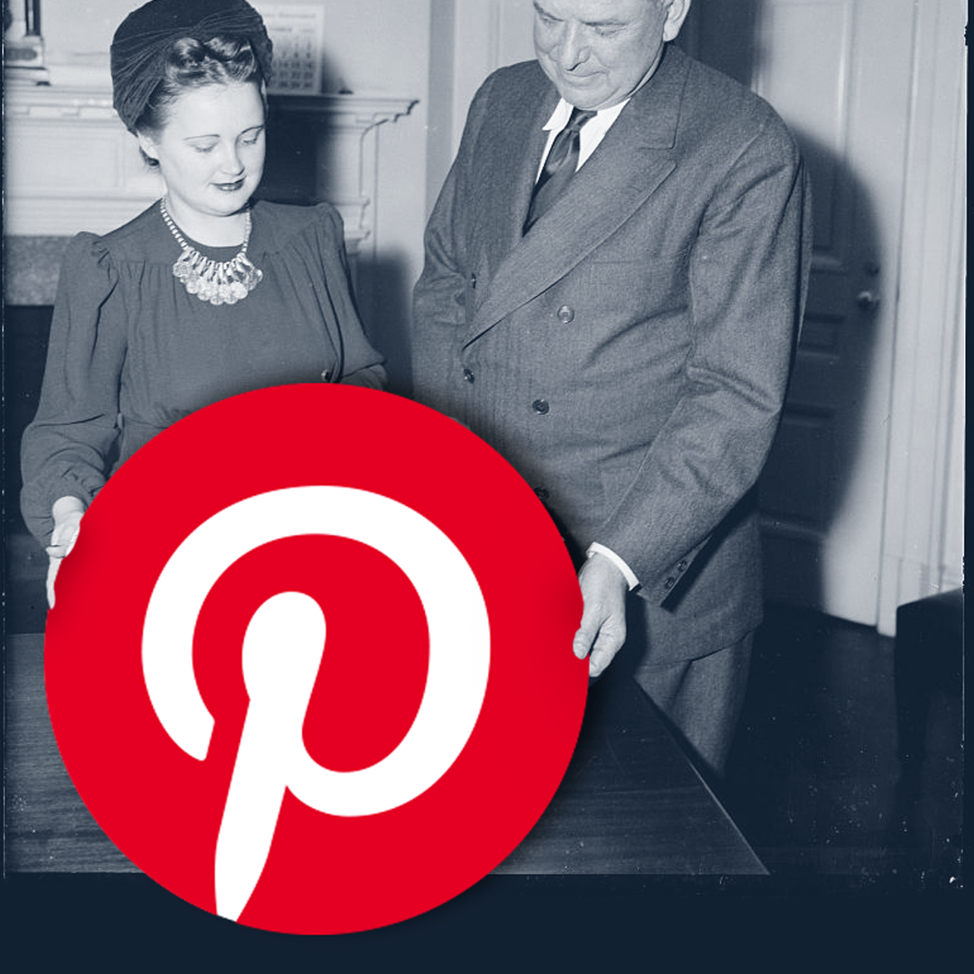 vintage man and woman holding giant pinterest icon 